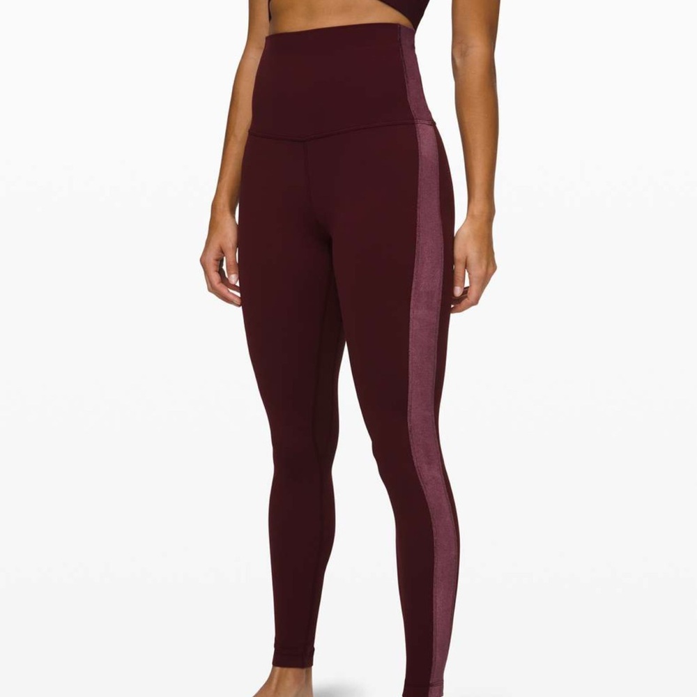 Lululemon maroon legging with velvet stripe.